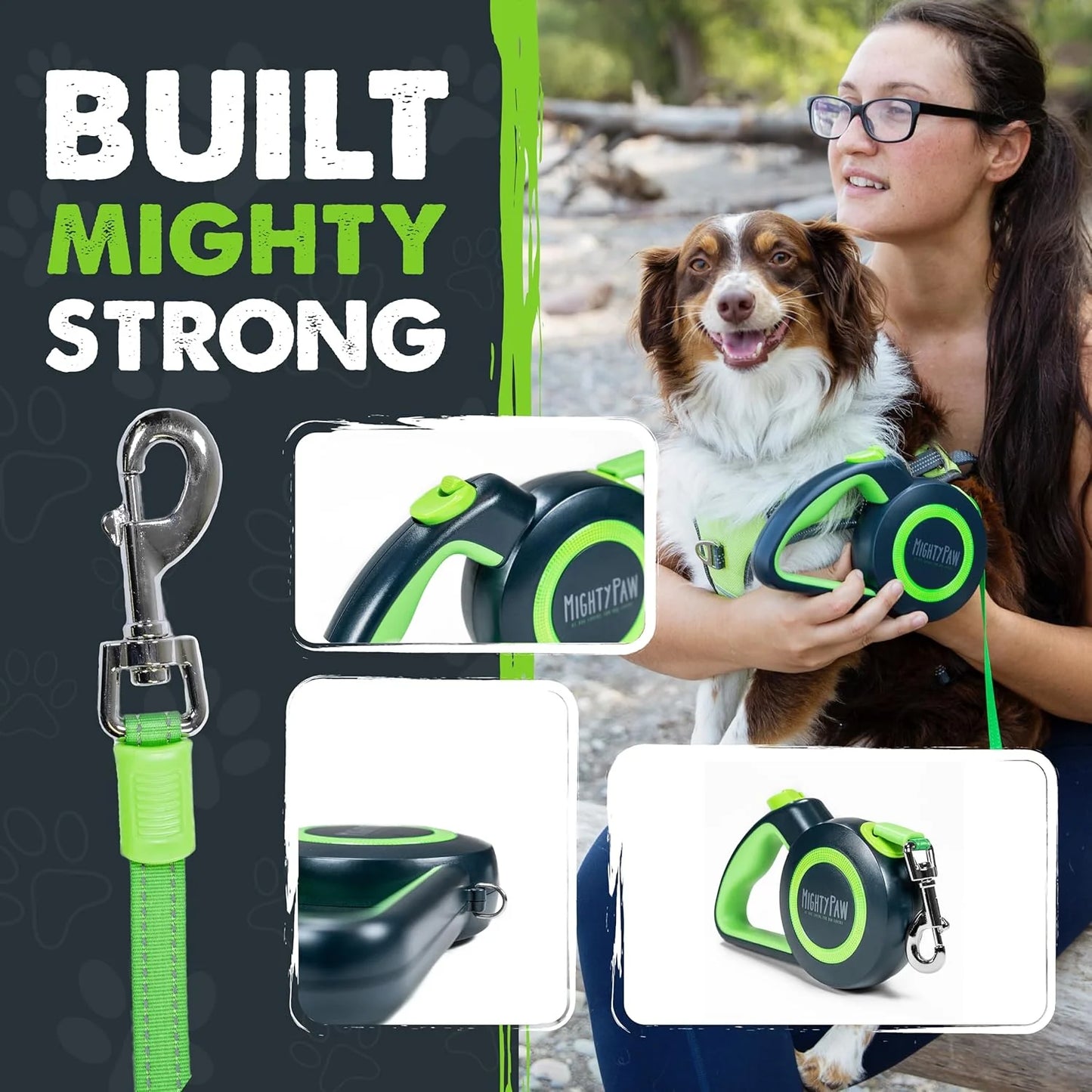 Mighty Paw Retractable Dog Leash 2.0 – 16ft Reflective Nylon for Dogs up to 50 lbs (Green)