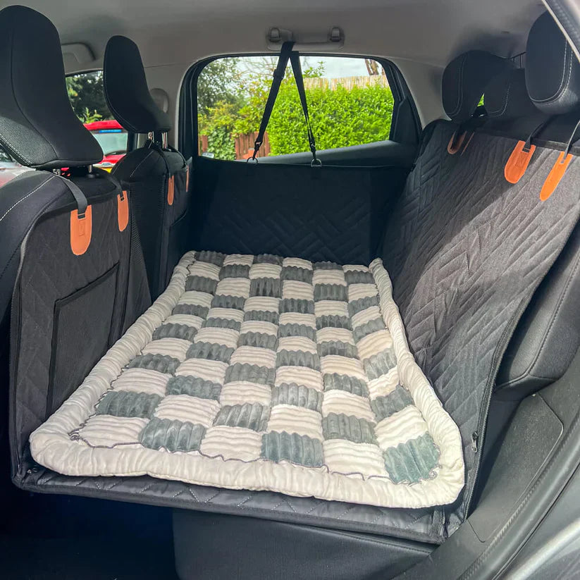 Hard Bottom 6-In-1 Dog Back Seat Cover , Waterproof Mesh Window, Non-Slip for Cars, Trucks and Suvs +FREE Car Backseat Dog Bed + FREE Dog Safety Belt