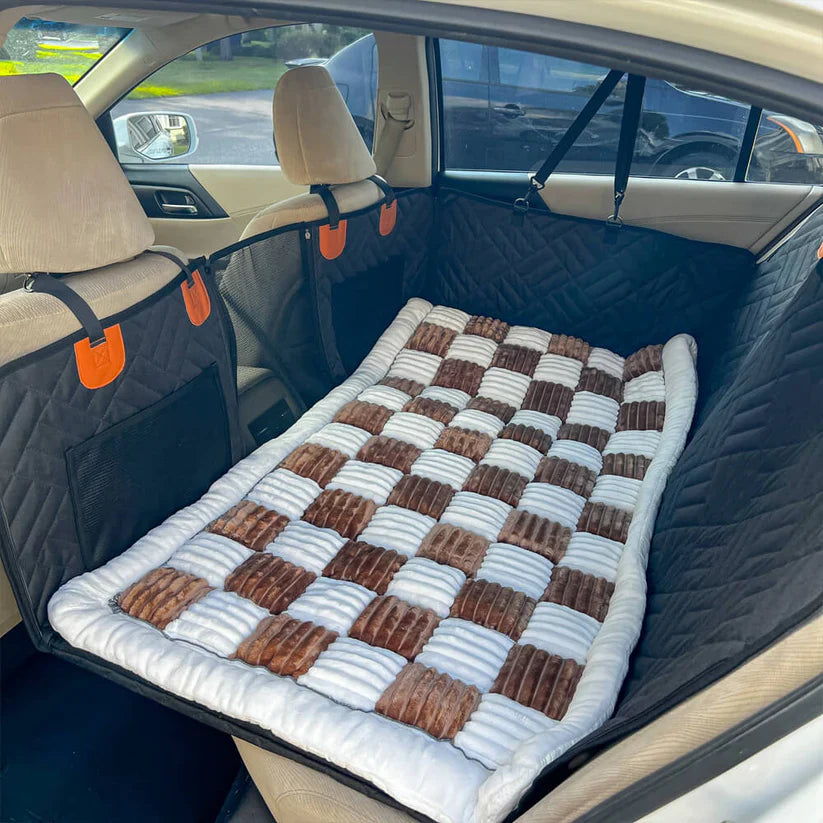 Hard Bottom 6-In-1 Dog Back Seat Cover , Waterproof Mesh Window, Non-Slip for Cars, Trucks and Suvs +FREE Car Backseat Dog Bed + FREE Dog Safety Belt