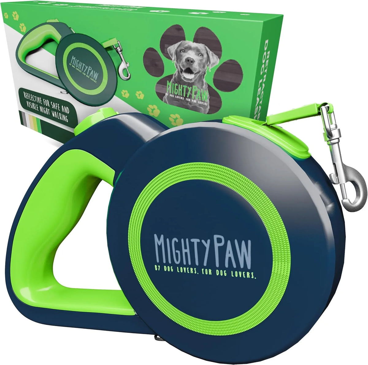 Mighty Paw Retractable Dog Leash 2.0 – 16ft Reflective Nylon for Dogs up to 50 lbs (Green)