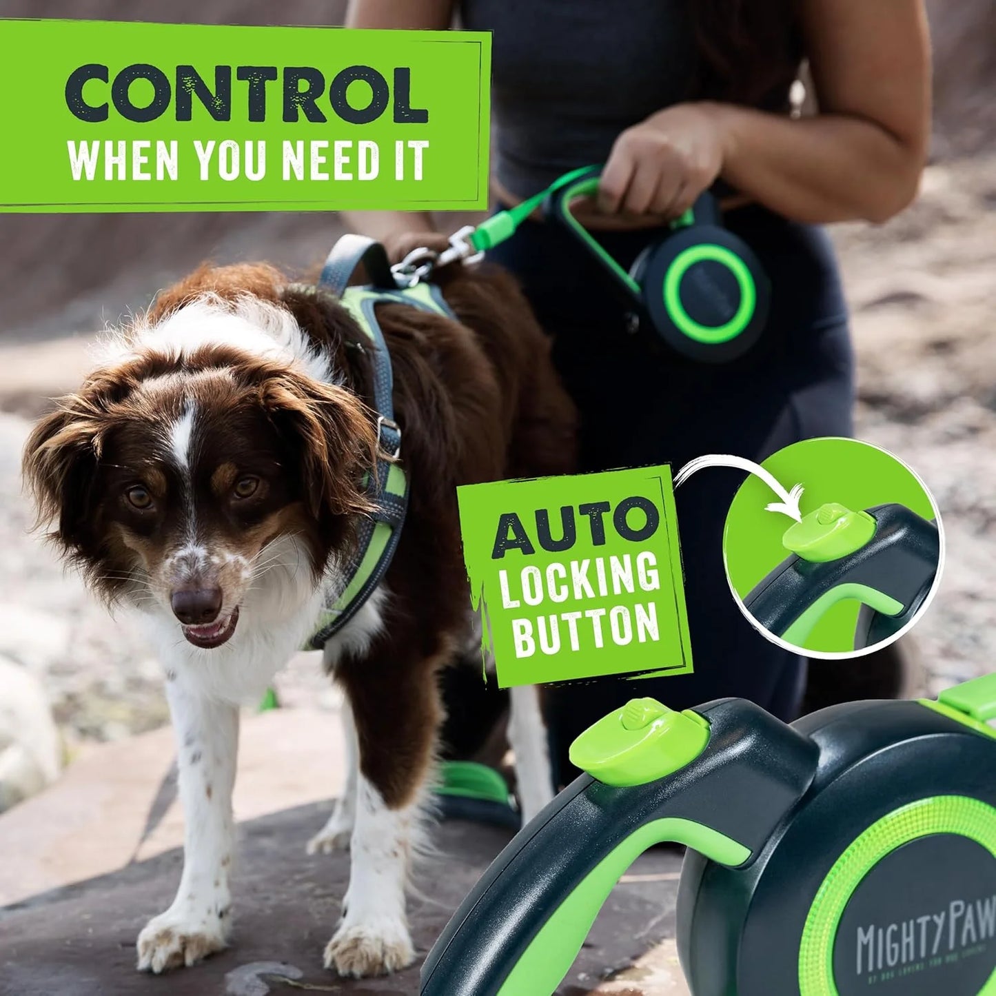 Mighty Paw Retractable Dog Leash 2.0 – 16ft Reflective Nylon for Dogs up to 50 lbs (Green)