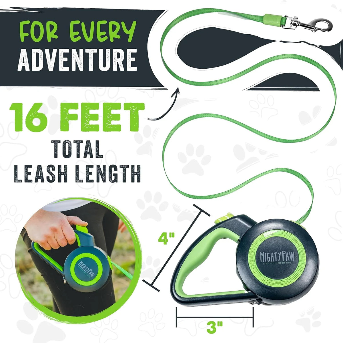 Mighty Paw Retractable Dog Leash 2.0 – 16ft Reflective Nylon for Dogs up to 50 lbs (Green)