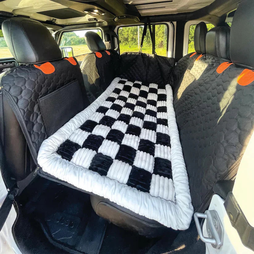 Hard Bottom 6-In-1 Dog Back Seat Cover , Waterproof Mesh Window, Non-Slip for Cars, Trucks and Suvs +FREE Car Backseat Dog Bed + FREE Dog Safety Belt