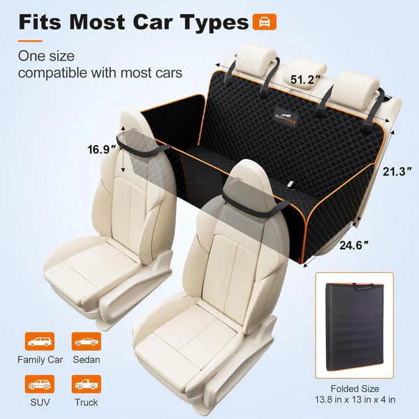 Hard Bottom 6-In-1 Dog Back Seat Cover , Waterproof Mesh Window, Non-Slip for Cars, Trucks and Suvs +FREE Car Backseat Dog Bed + FREE Dog Safety Belt